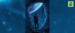 Photomontage fantastique dans Affinity : une lune géante vue depuis une grotte