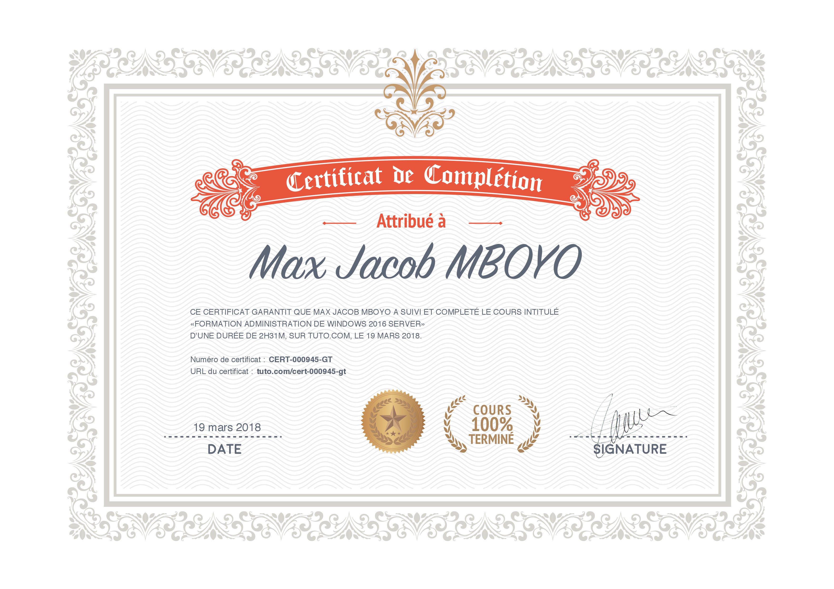Certificat de complétion Tuto.com