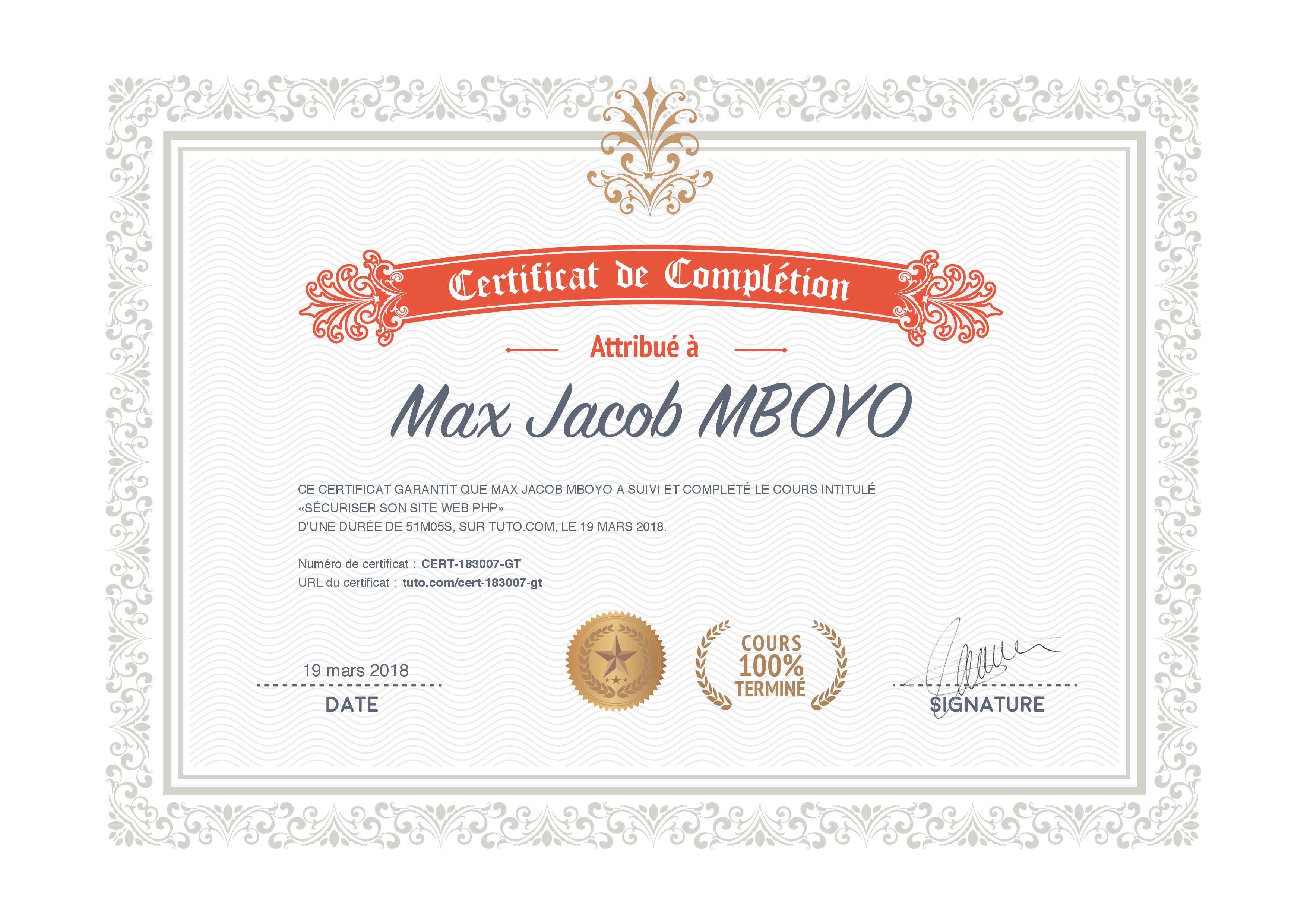 Certificat de complétion Tuto.com