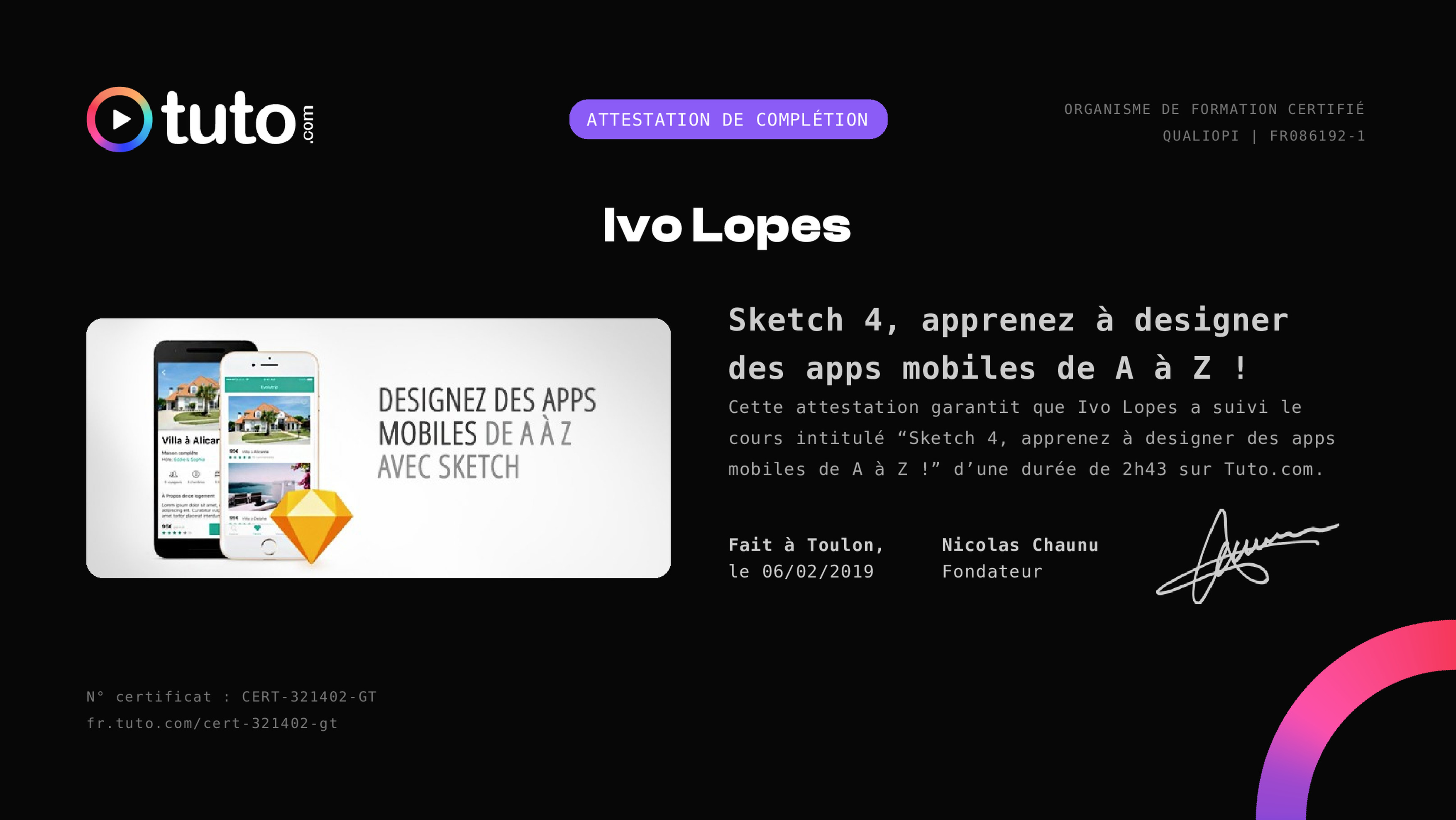 Certificat de complétion Tuto.com