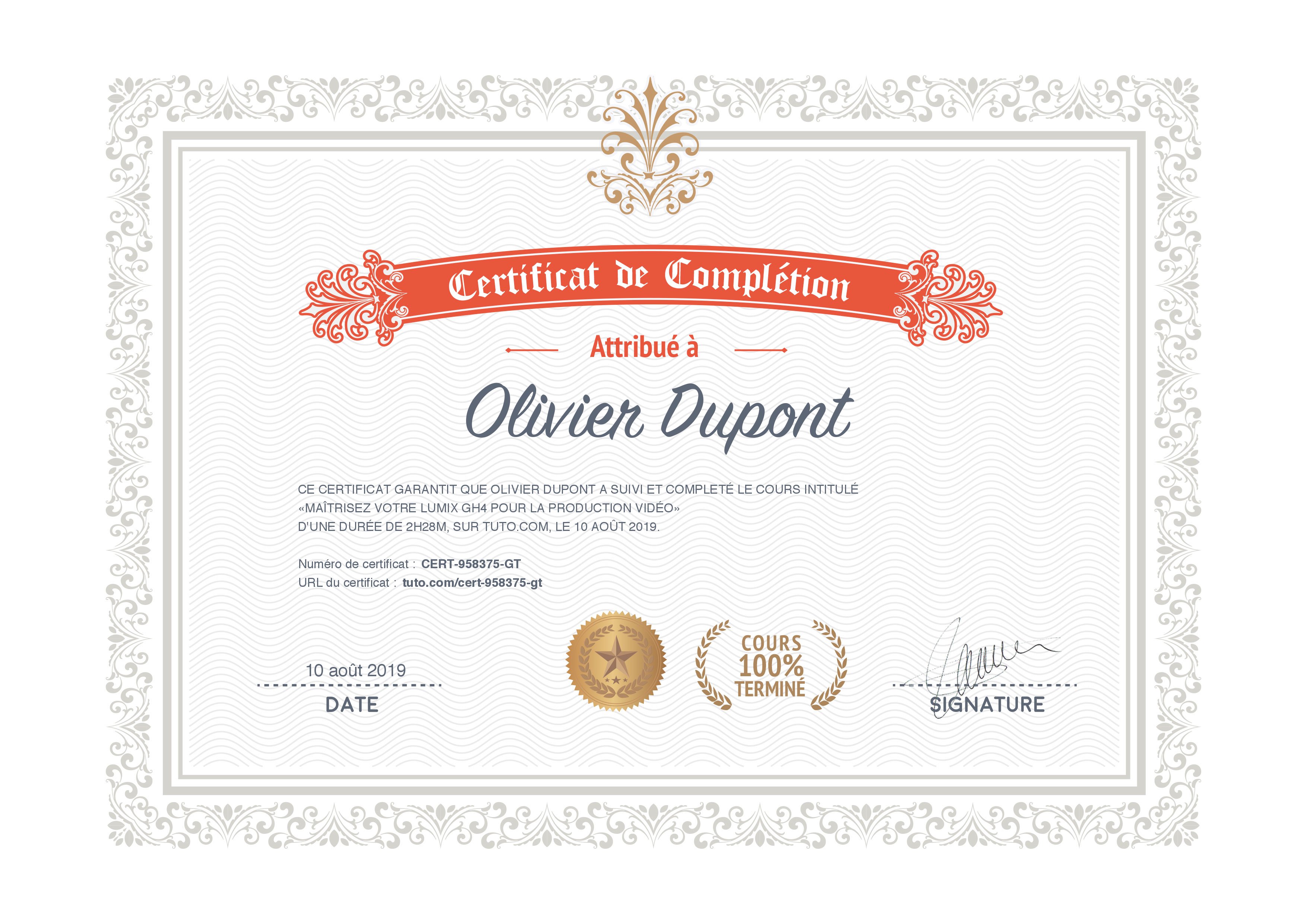 Certificat de complétion Tuto.com