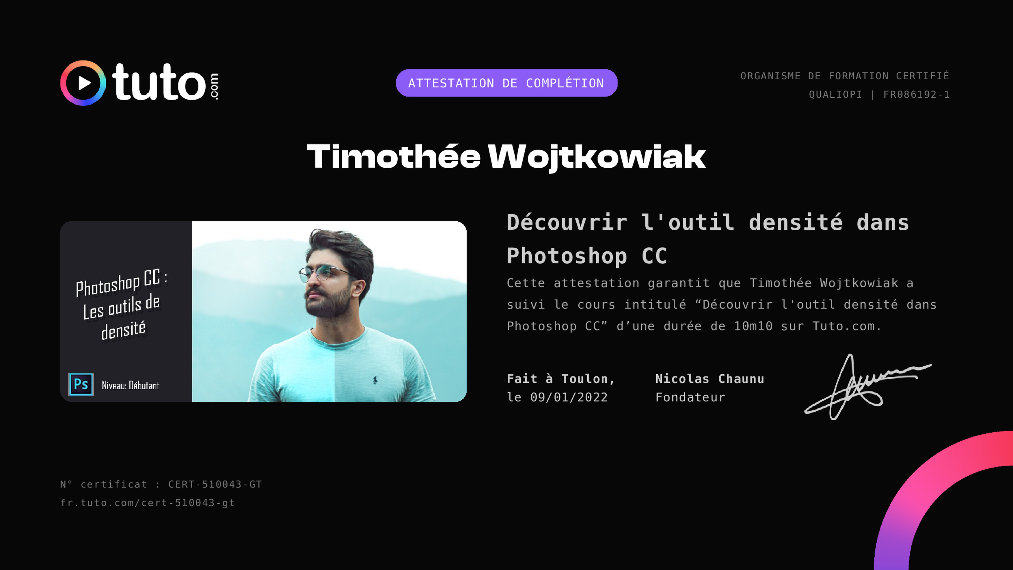 Certificat de complétion Tuto.com