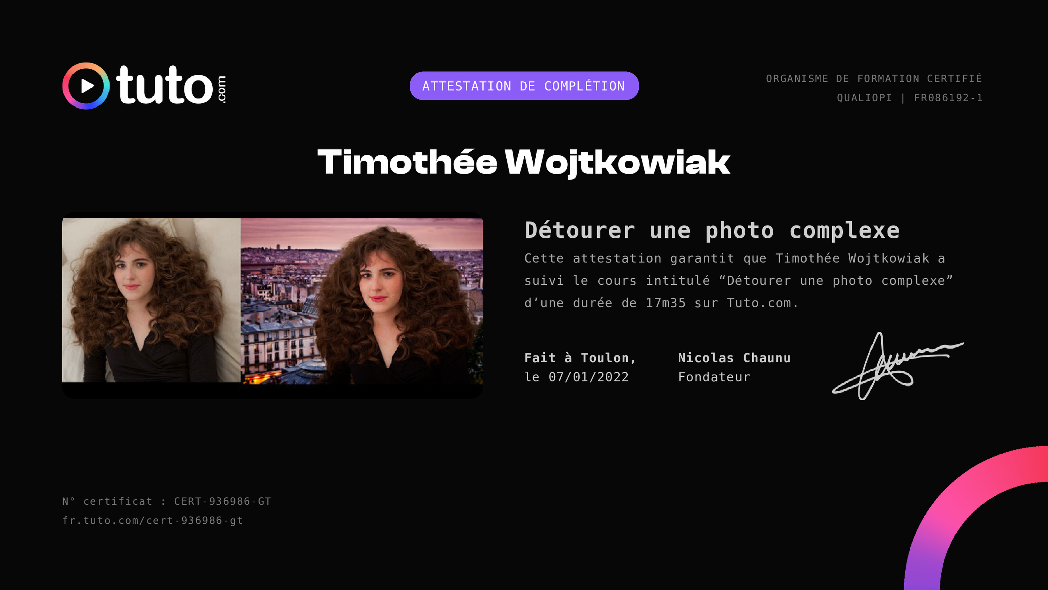 Certificat de complétion Tuto.com