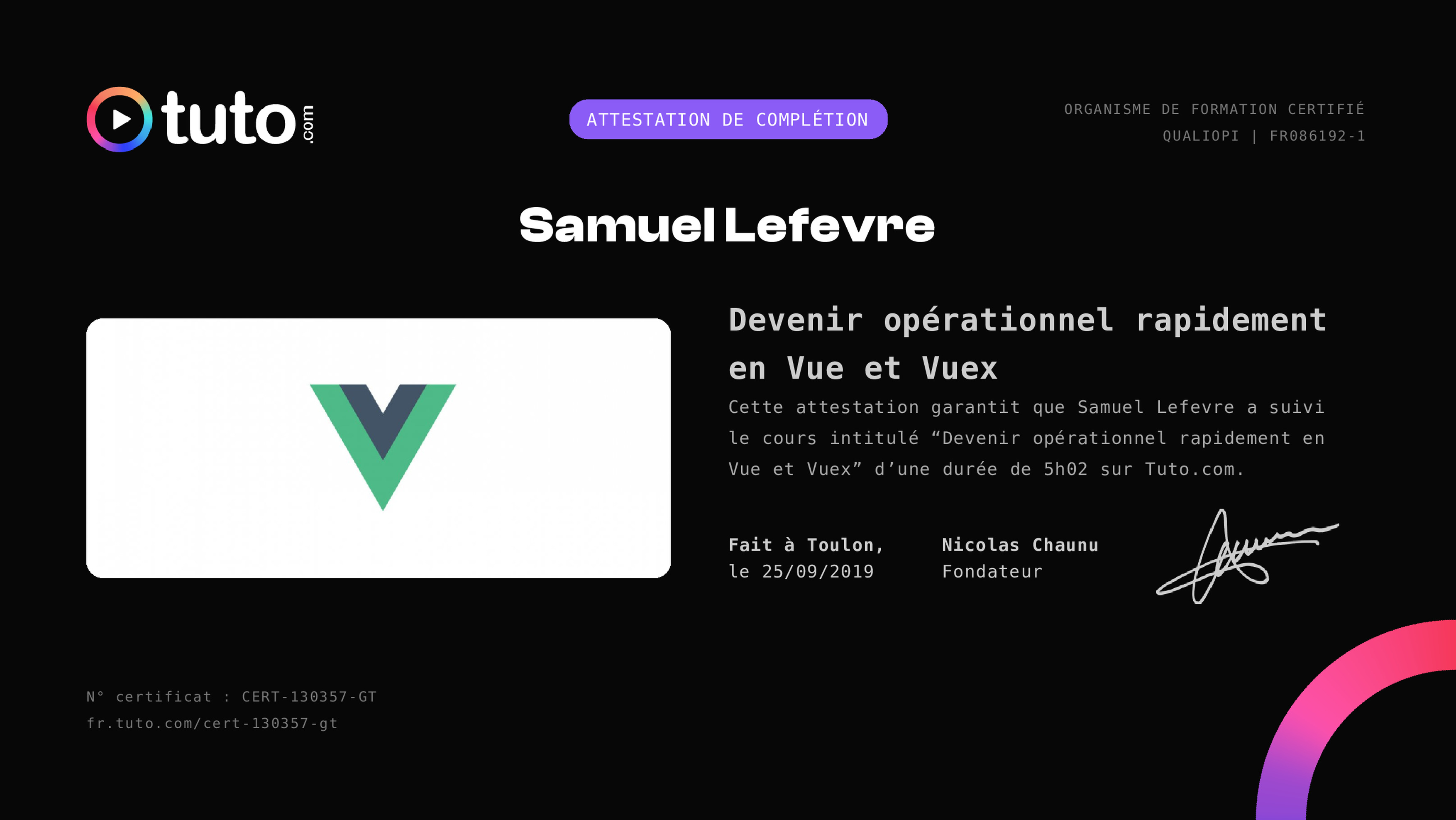Certificat de complétion Tuto.com