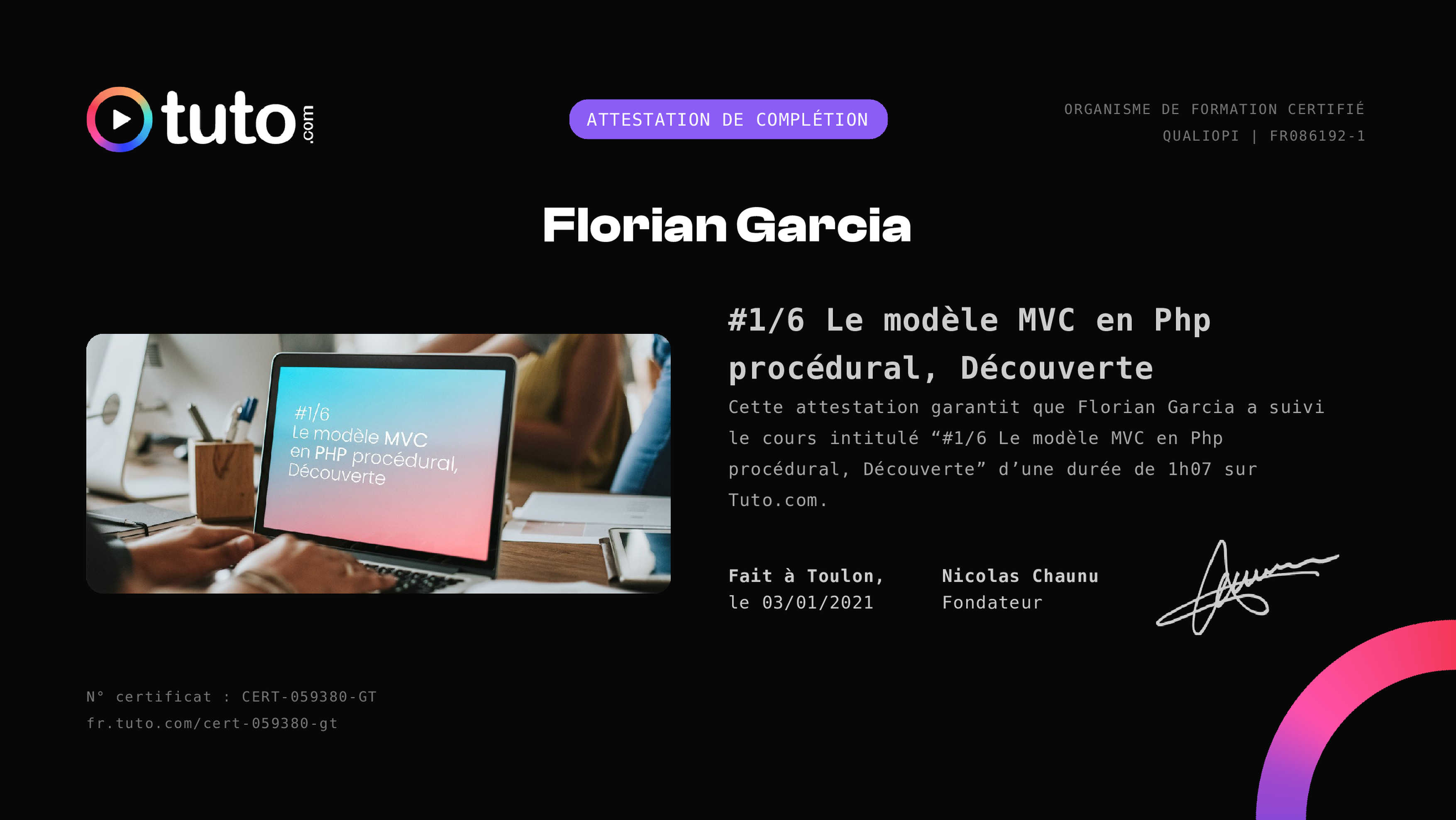 Certificat de complétion Tuto.com