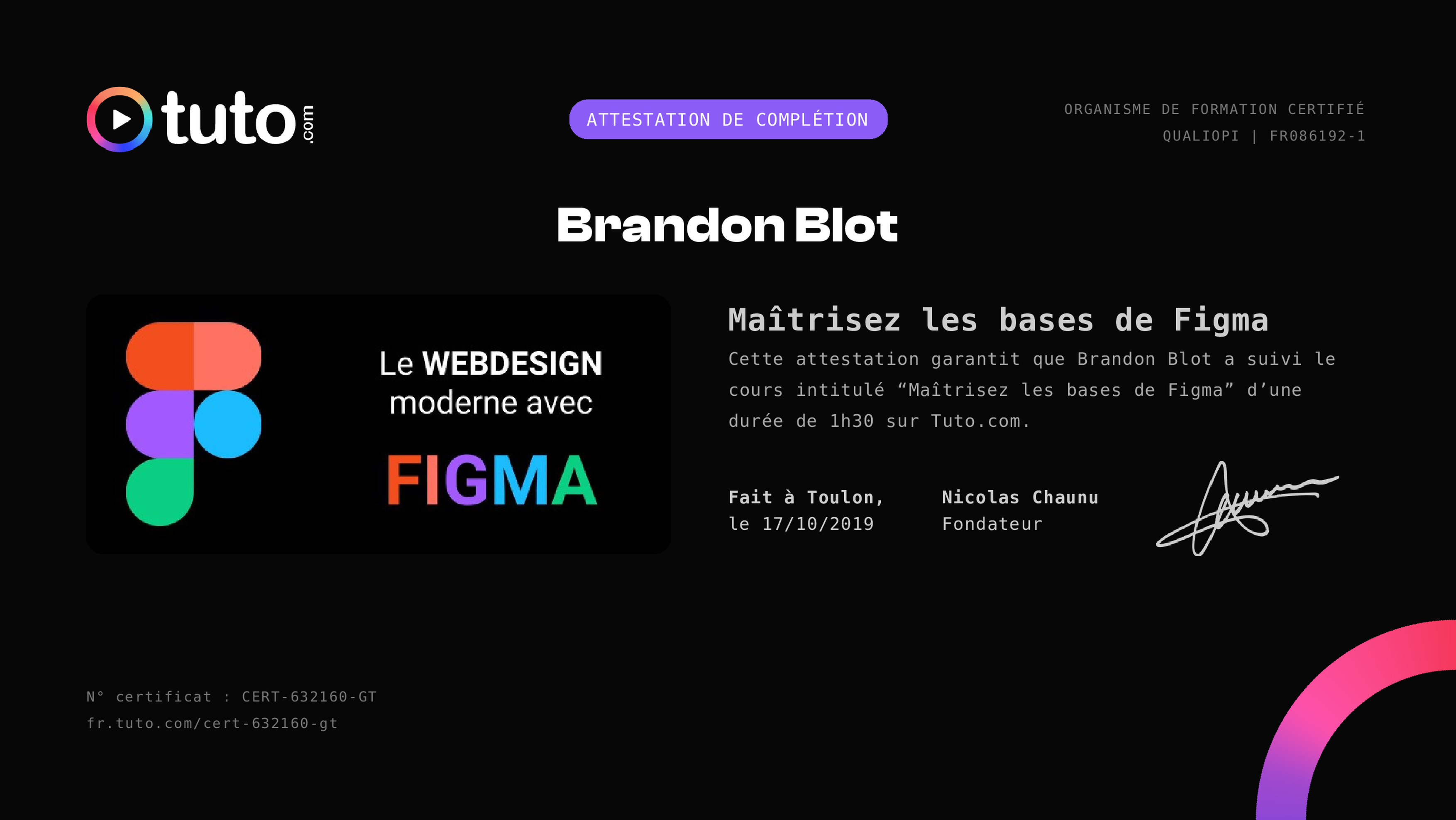 Certificat de complétion Tuto.com
