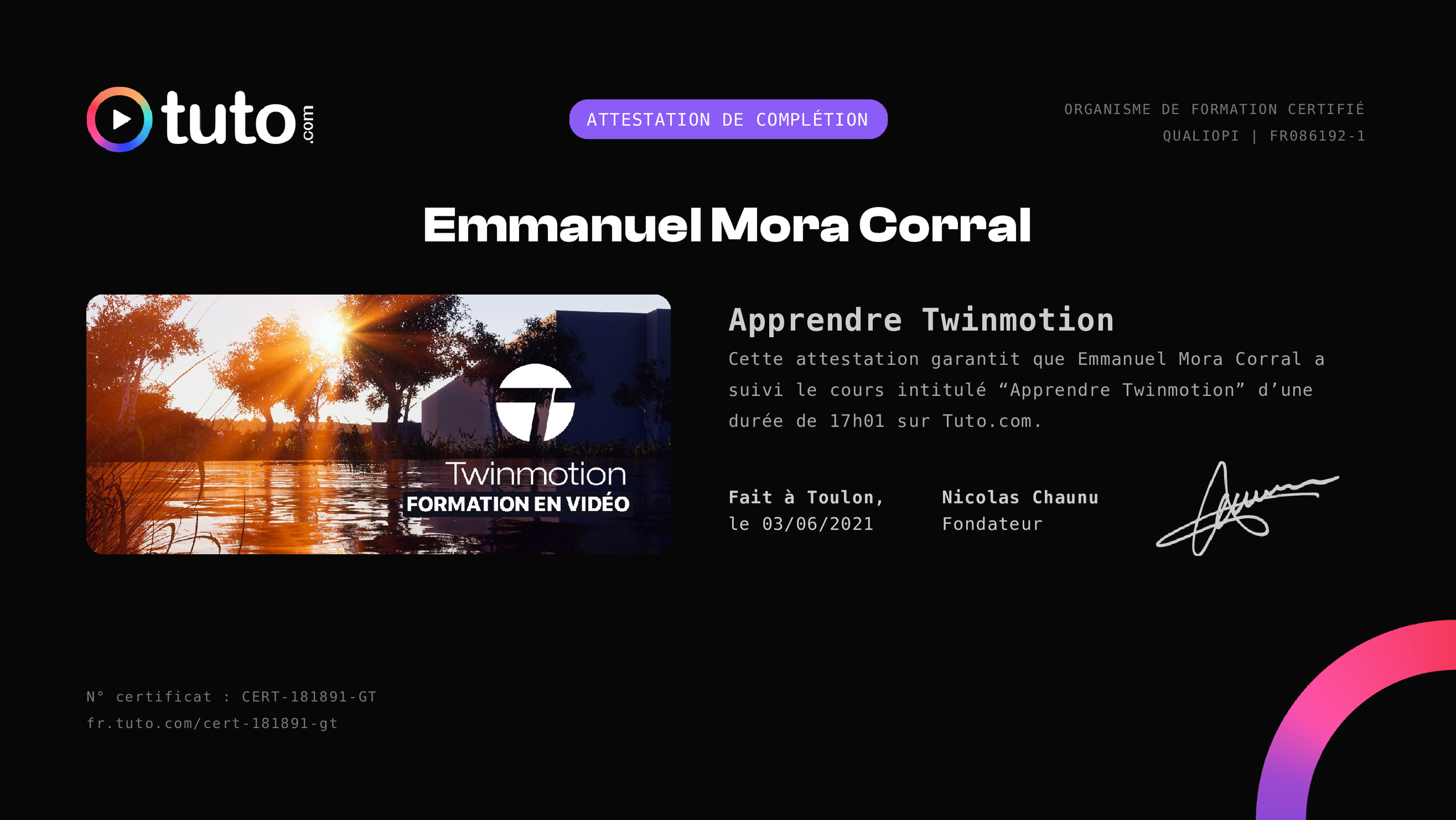 Certificat de complétion Tuto.com