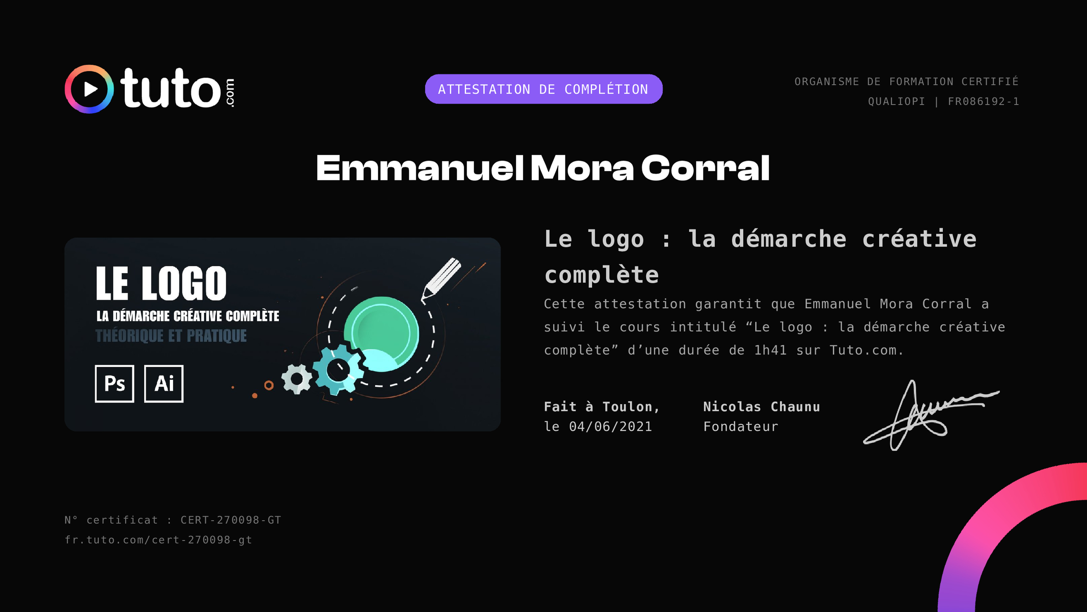Certificat de complétion Tuto.com