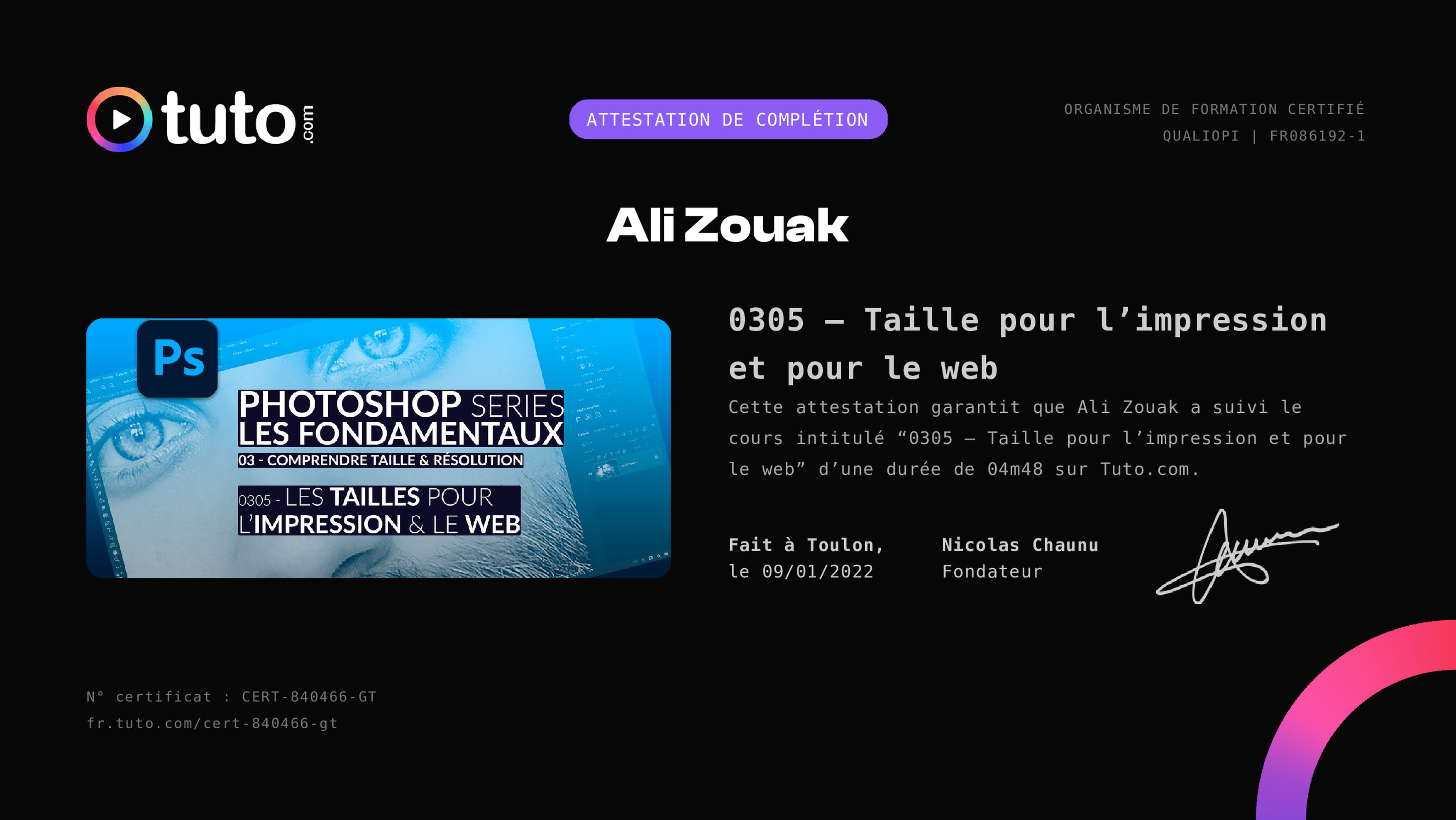 Je viens de terminer ce cours sur Tuto.com