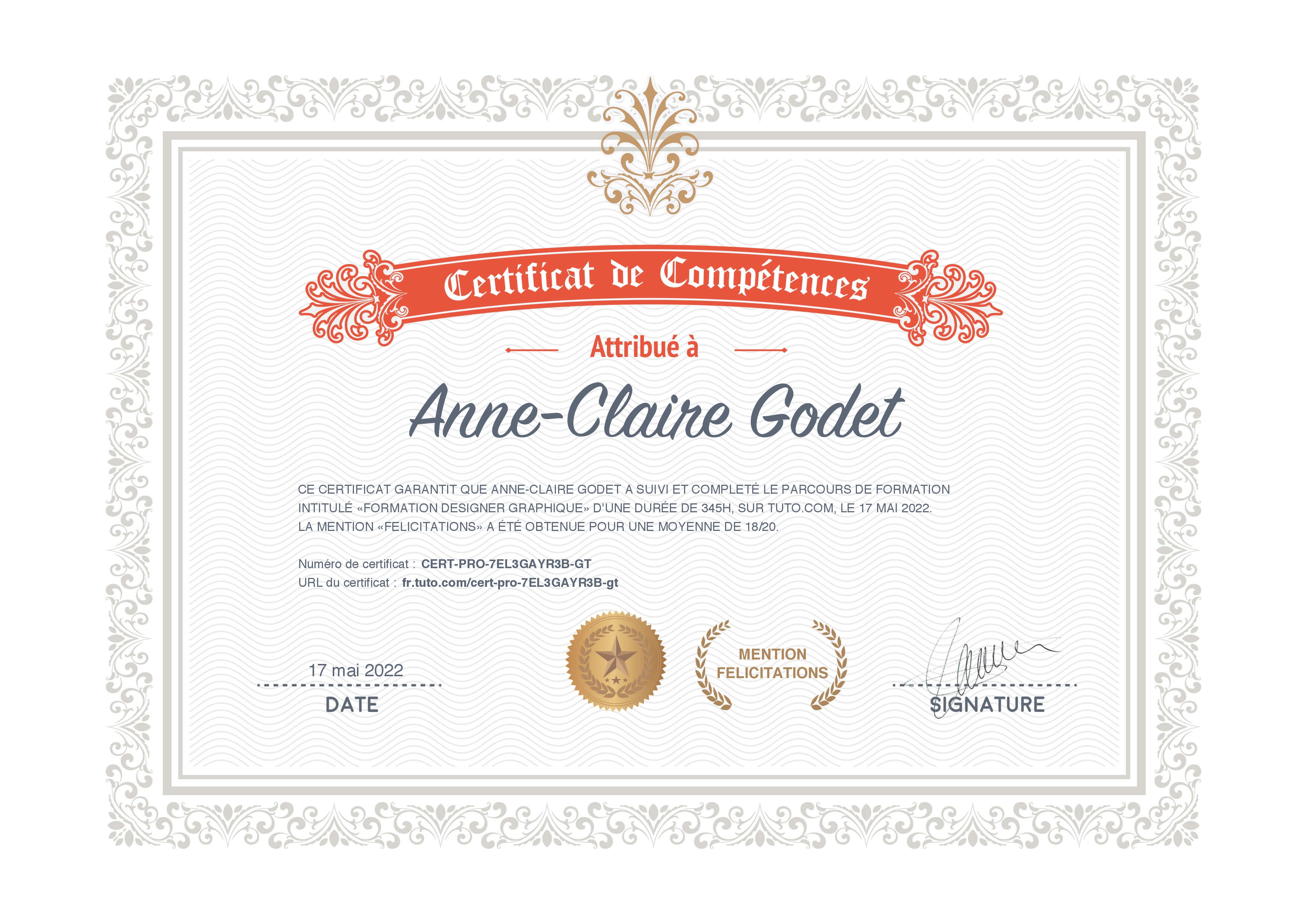 Certificat de complétion Tuto.com