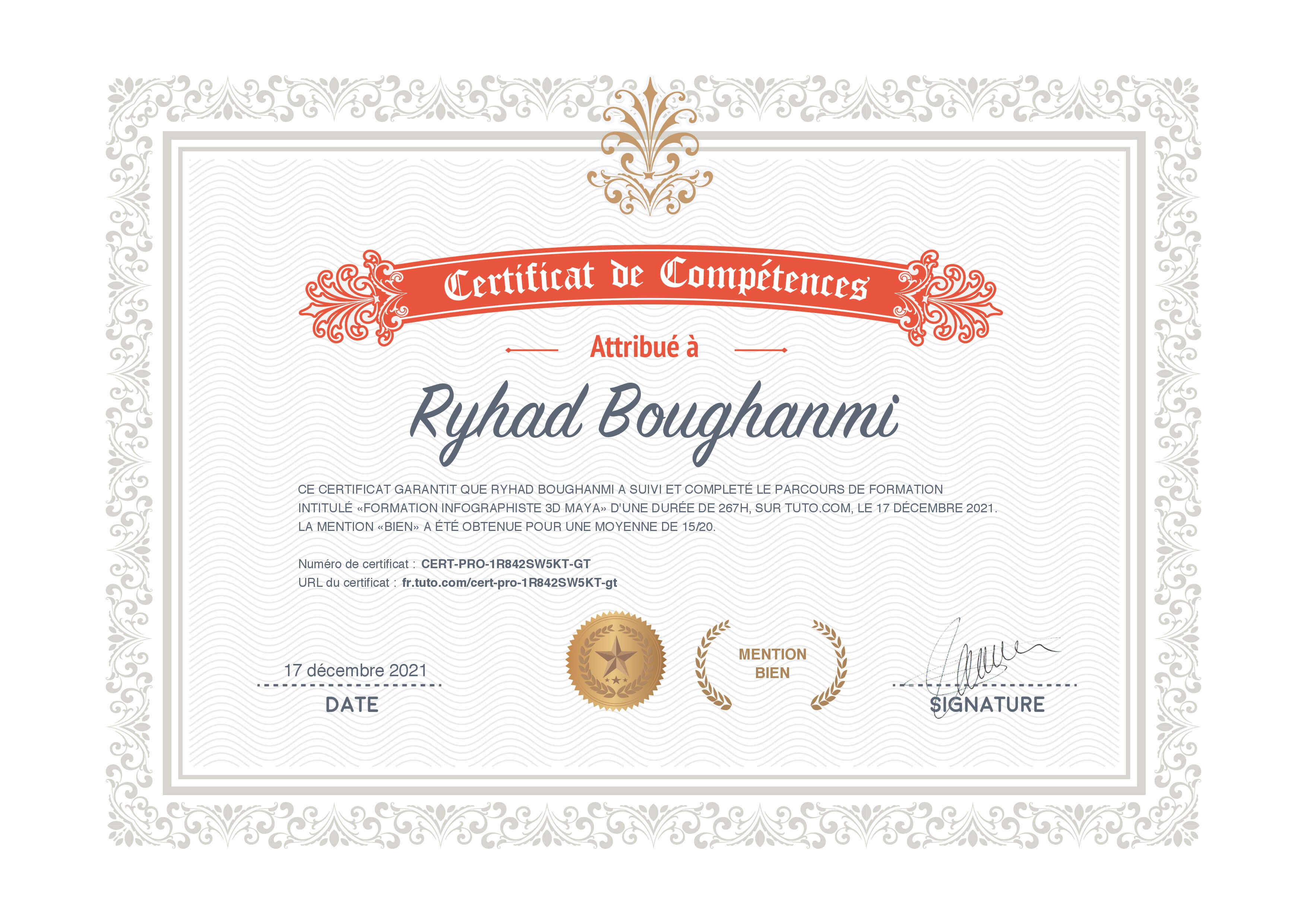 Certificat de complétion Tuto.com