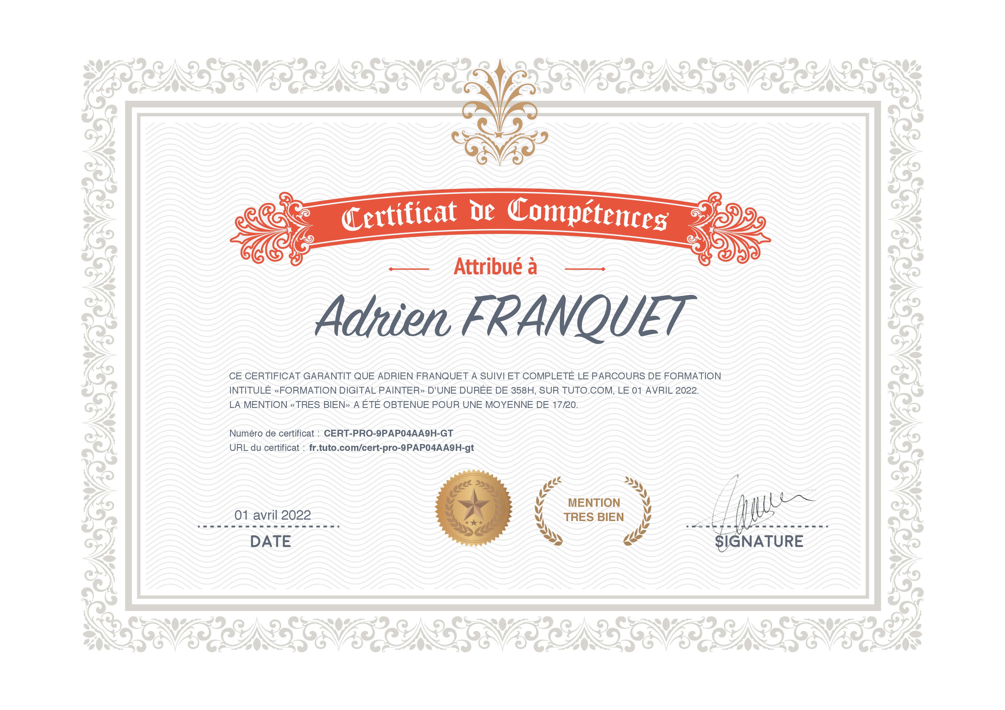 Certificat de complétion Tuto.com
