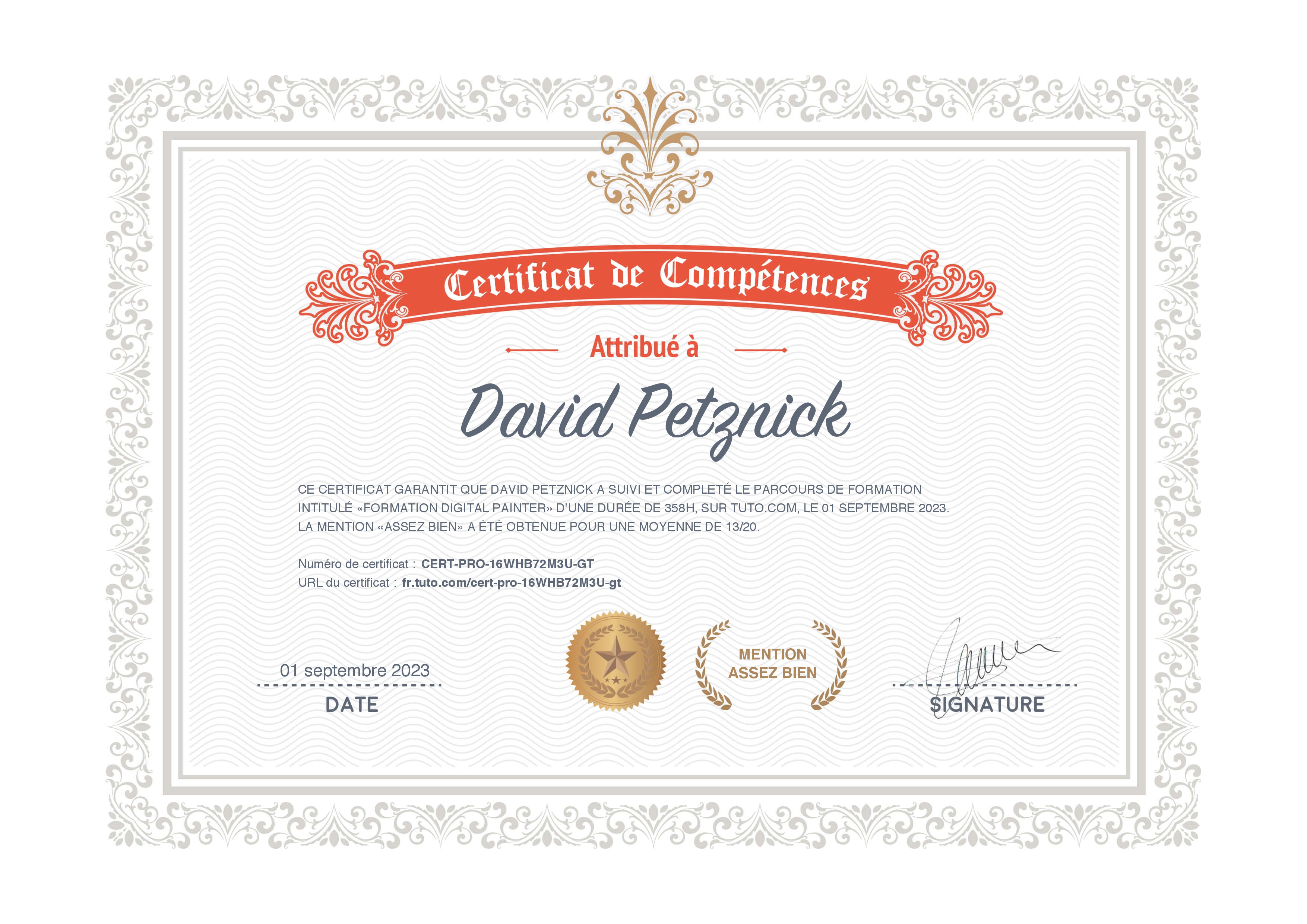 Certificat de complétion Tuto.com