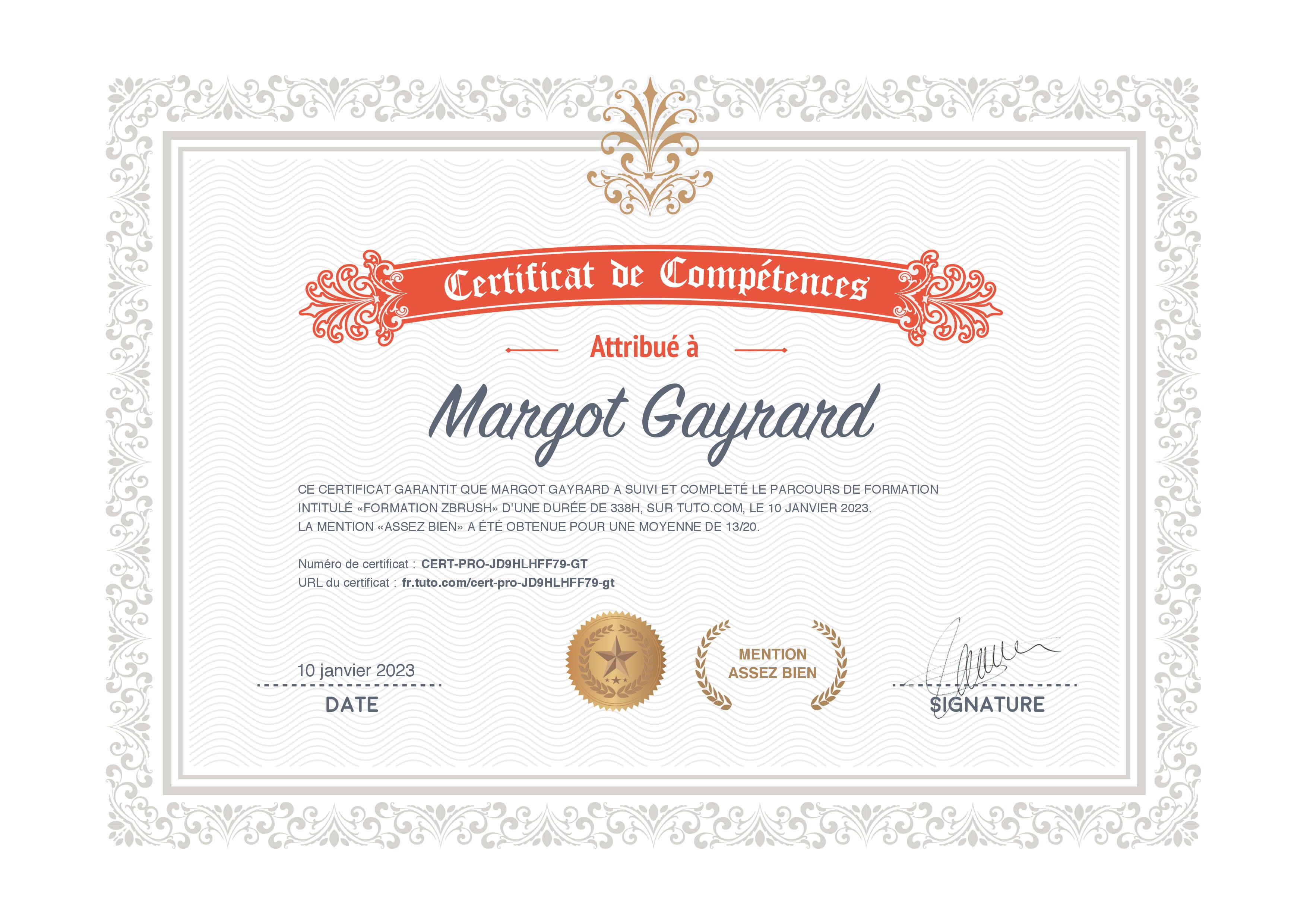 Certificat de complétion Tuto.com