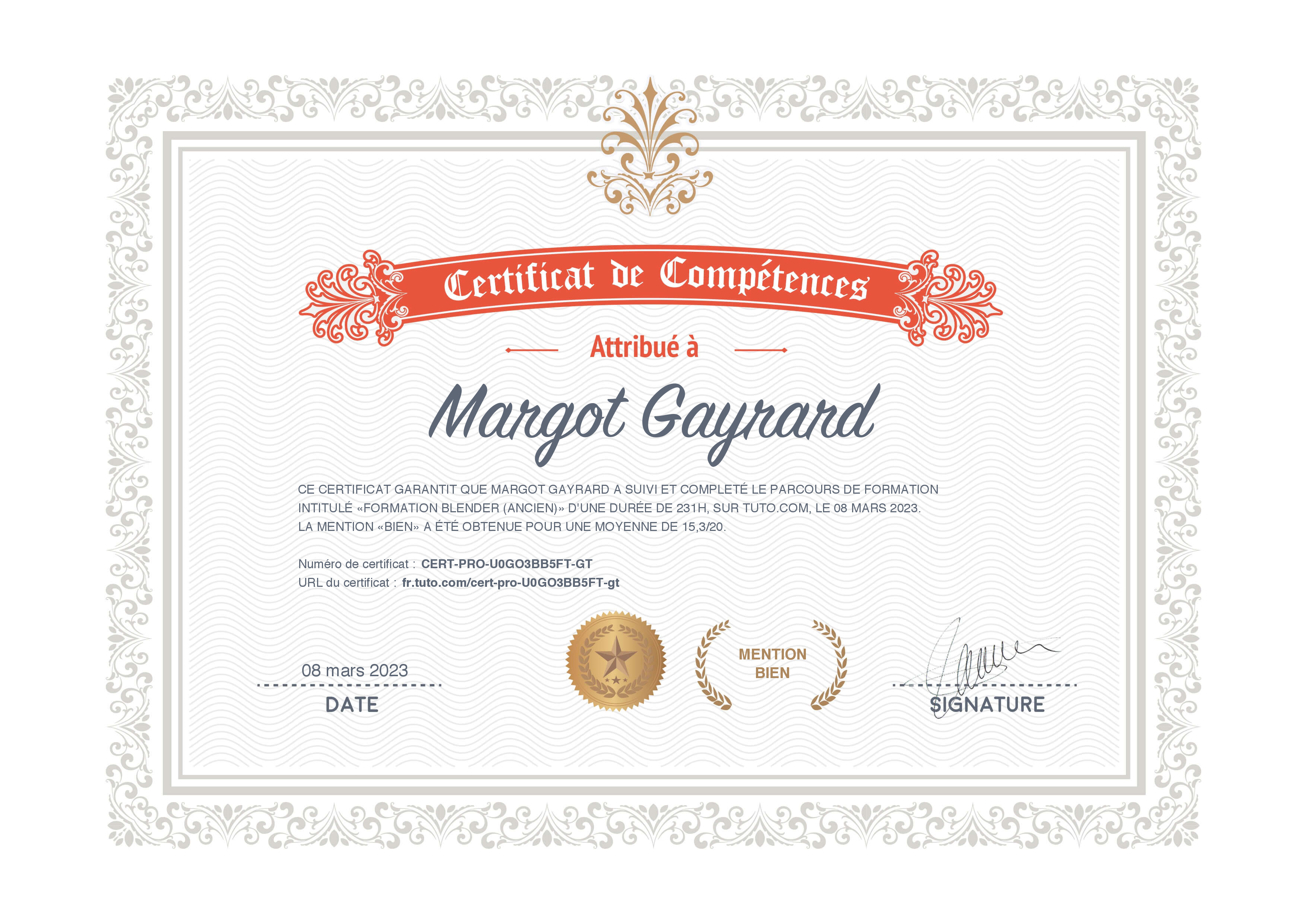 Certificat de complétion Tuto.com