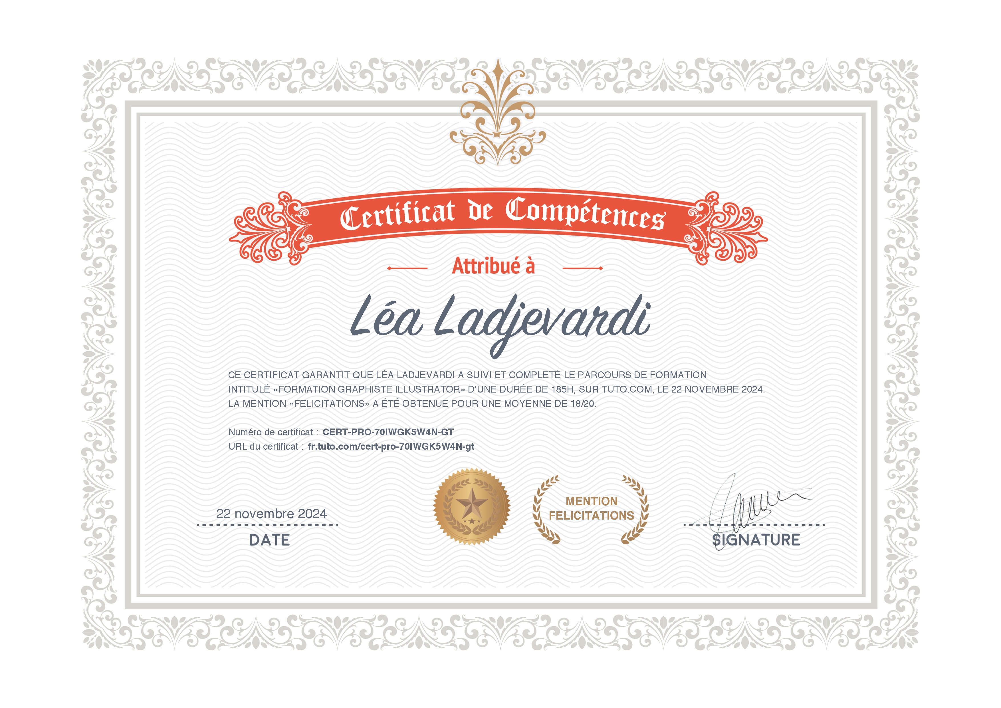 Certificat de complétion Tuto.com
