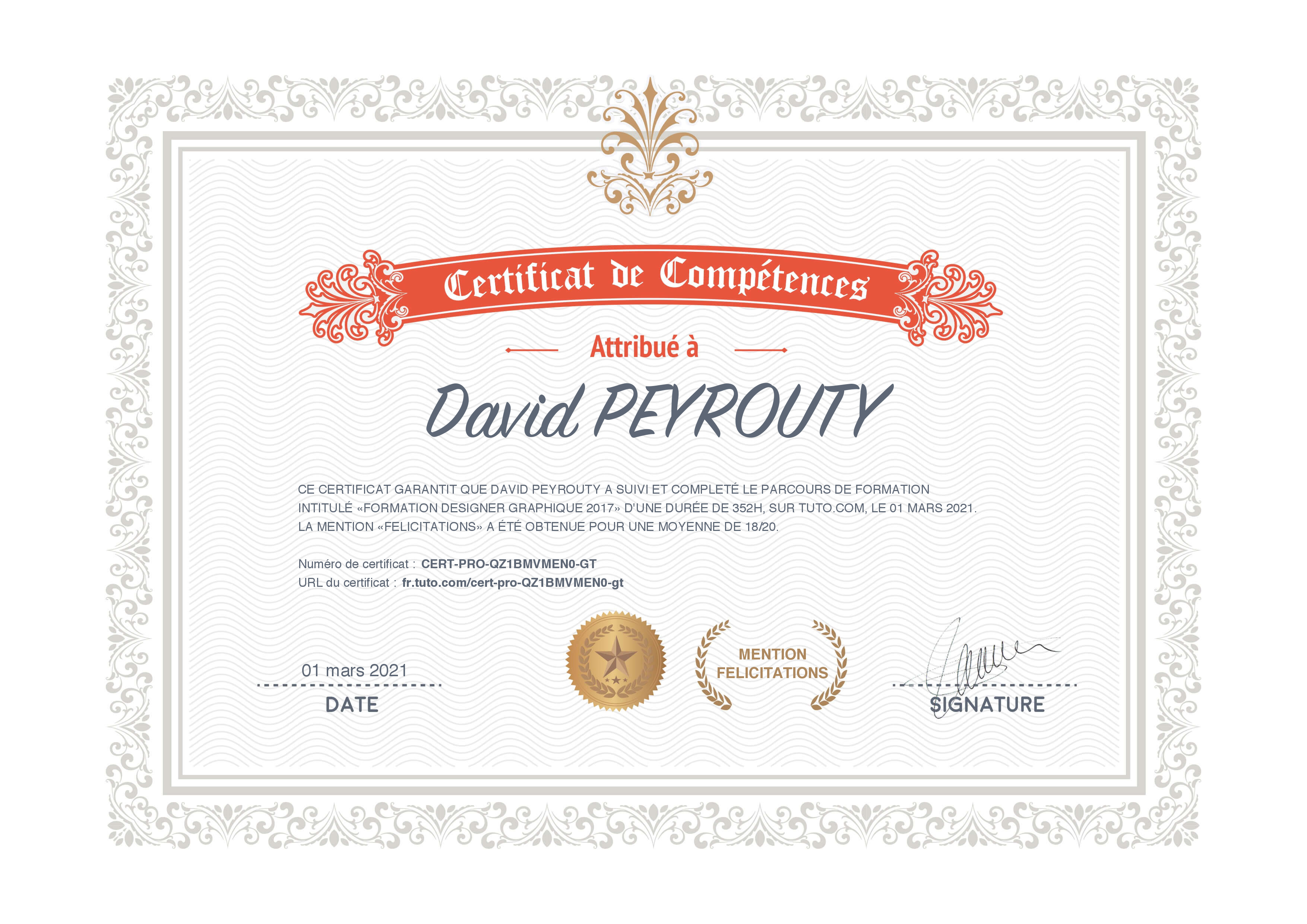 Certificat de complétion Tuto.com