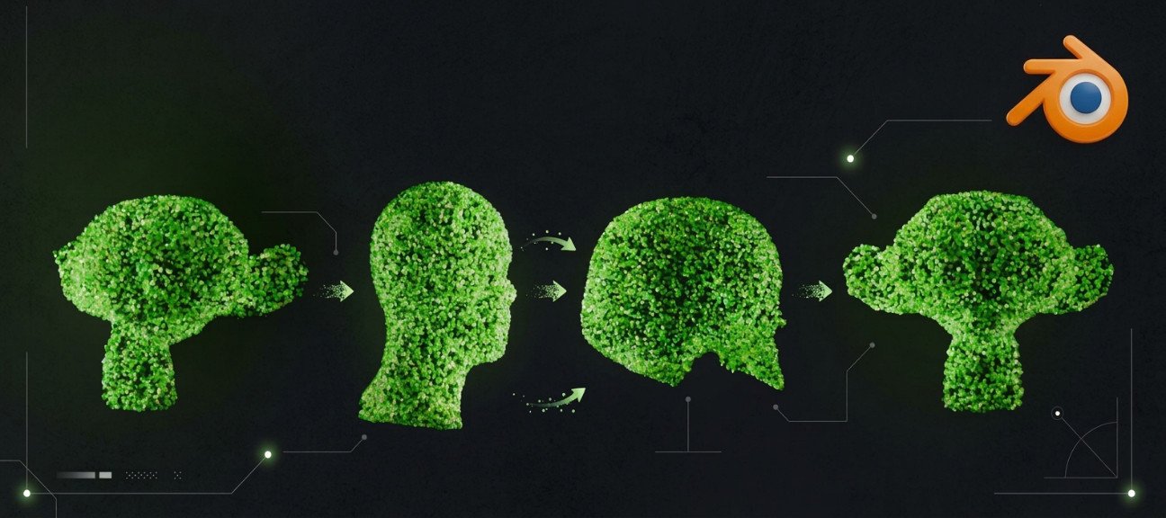 Morphing de particules dans Blender : un objet se dissout en cubes et en reconstruit un autre