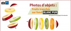 Packshot culinaire : Fruits tranchés sur fond blanc pur