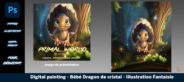 Digital painting - Bébé Dragon de cristal - Illustration Fantaisie