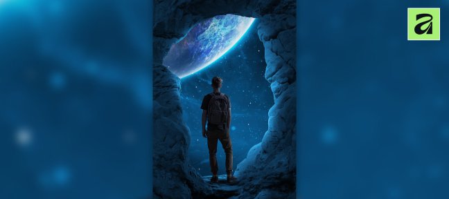 Photomontage fantastique dans Affinity : une lune géante vue depuis une grotte